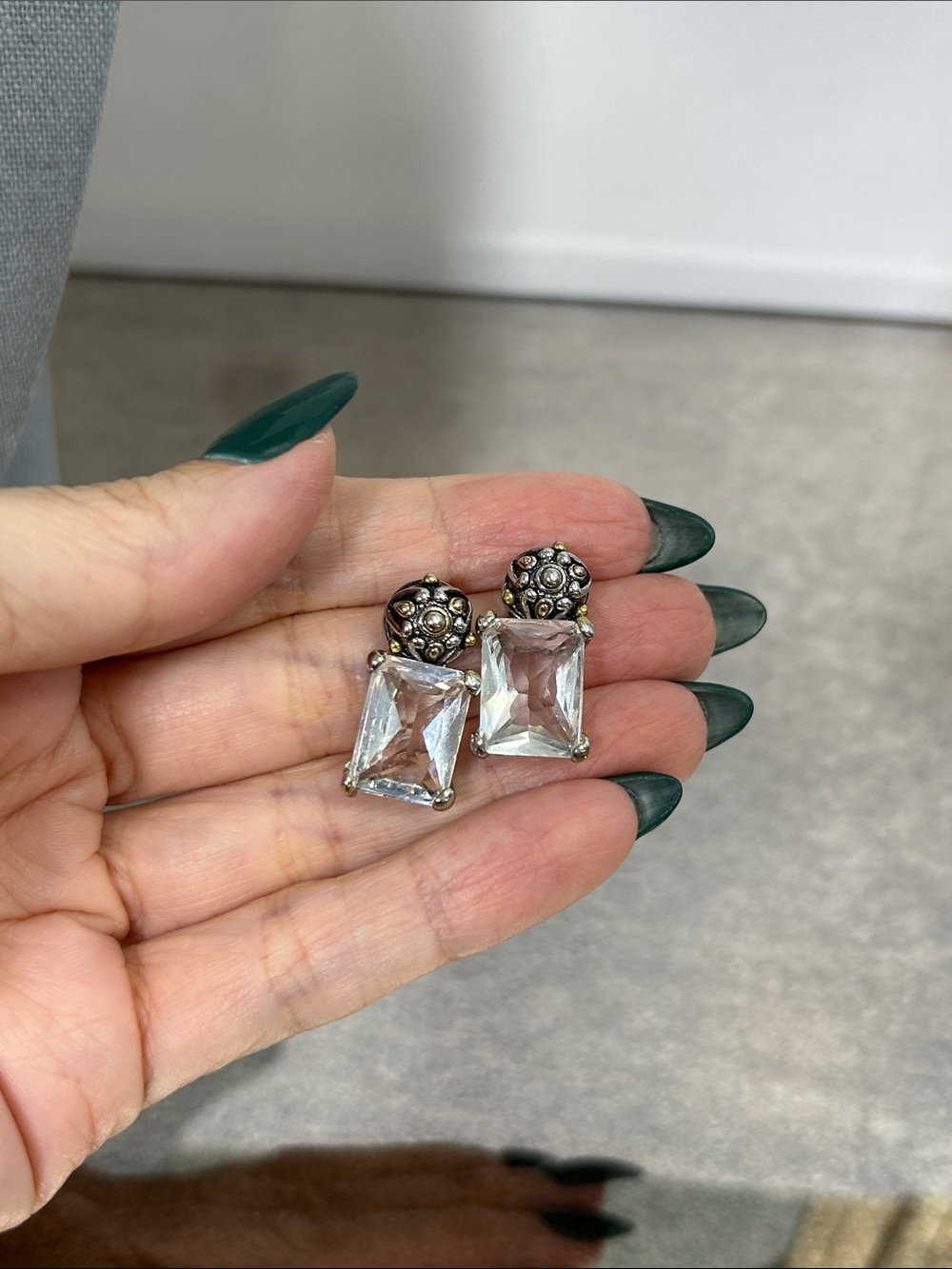 Clear Rectangular Crystal Drop Earrings with Detailed Silver Accents